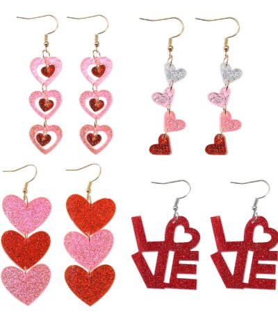 4 Pairs Valentine's Earrings for Women Love Heart Dangle Earrings Valentines Gifts for Wedding Decoration Valentine's Jewelry