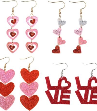 4 Pairs Valentine's Earrings for Women Love Heart Dangle Earrings Valentines Gifts for Wedding Decoration Valentine's Jewelry