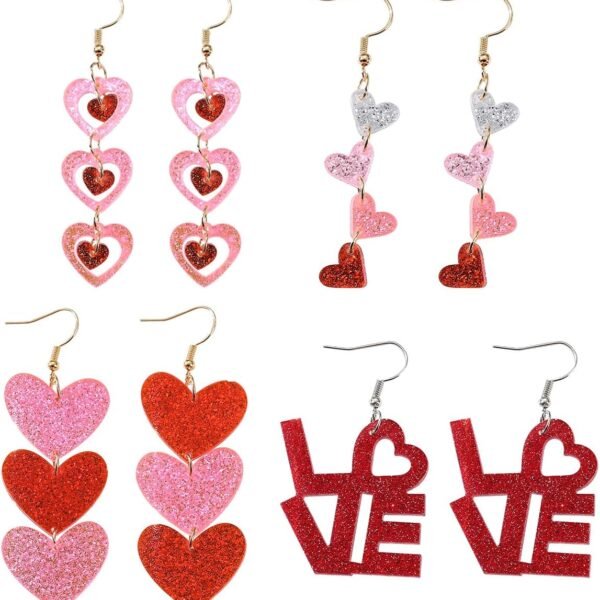 4 Pairs Valentine's Earrings for Women Love Heart Dangle Earrings Valentines Gifts for Wedding Decoration Valentine's Jewelry