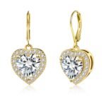 925 Sterling Silver 14K Gold Plated Heart Dangle Earrings, ALEXCRAFT Dangling Drop Earring for Trendy Women Leverback Earings Cubic Zirconia Hypoallergenic