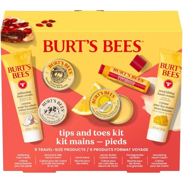 Burt's Bees Valentine's Day Gifts Ideas, Tips and Toes Kit, 6 Travel Size Products - Pomegranate Moisturizing Lip Balm, 2 Hand Creams, Foot Cream, Cuticle Cream, and Hand Salve
