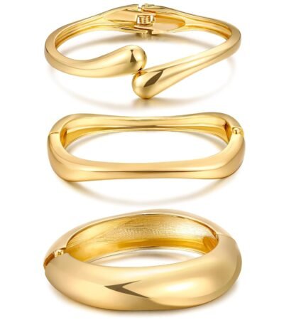 Chunky Gold Bangle Bracelets for Women, Dainty 14k Gold Plated Big Stackable Bangles Set, Trendy Statement Cuff Bracelet Stack Fashion Jewelry Christmas Gifts