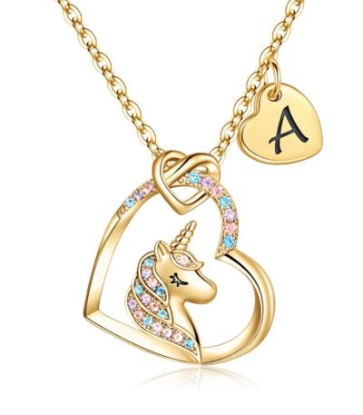 Hidepoo Valentines Gifts for Kids Girls - Unicorn Necklace Gifts for Teen Girls Kid, Colorful CZ Heart Pendant Initial Unicorn Necklaces for Girl Jewelry Birthday Gift for Girl Kid