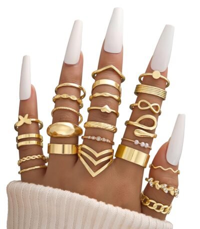 iF YOU 25 Pcs Gold Stackable Ring Set for Women, Chunky Knuckle Finger Midi Rings, Silver Simple Stacking Cute Rings Pack Trendy Stuff Jewelry Gift