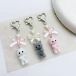 Cute Cartoon Flocking Cat Keychain Y2K Heart Bow Shaped Key Ring For Women Girls Handbag Backpack Pendant Decoration Gift