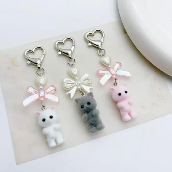 Cute Cartoon Flocking Cat Keychain Y2K Heart Bow Shaped Key Ring For Women Girls Handbag Backpack Pendant Decoration Gift