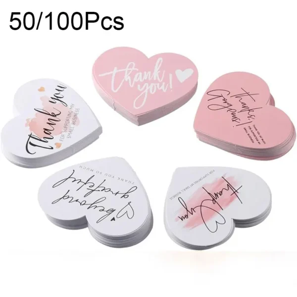 50/100Pcs 5 StylesPink Heart Shaped Thank You Tags - 'Thank You for Supporting My Small Business' Paper Gift Greeting Cards