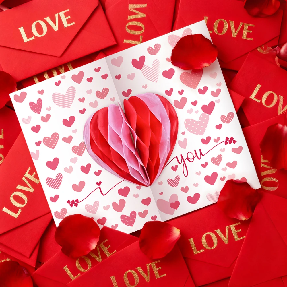kf-S108523ac898c42189f4493663c6c8ad3z Valentine's Day Love Card Decoration Creative Romantic Heart shaped Paper Honeycomb Ball Handwritten Confession Love Letter Card - Image 1