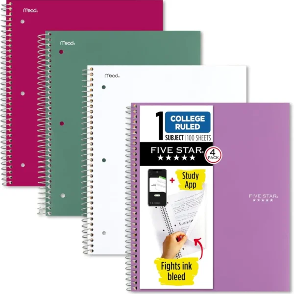 Spiral Notebook 4-Pack, 100 Sheets College Ruled, Water-Resistant Cover, Ink-Bleed Resistant Paper in Purple Pink White Green