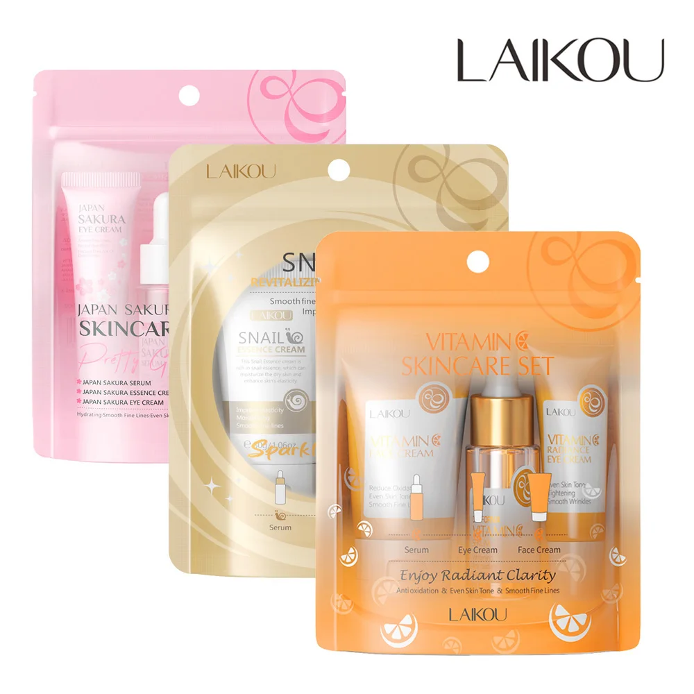 kf-S2794fc9374da4f92b7a91064988f5039t 3pcs/set LAIKOU Skin Care Set Vitamin C Sakura Snail Essence Serum & Eye Cream & Face Cream Moisturizer Travel Size Skincare Set - Image 1
