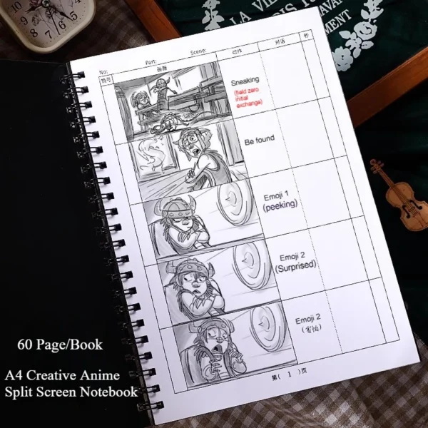 60 Page Anime Split Screen Notebook A4 Movie Student Creation Manga Drawing Book Manuscript Paper Notepad Handbook Coil Notebook