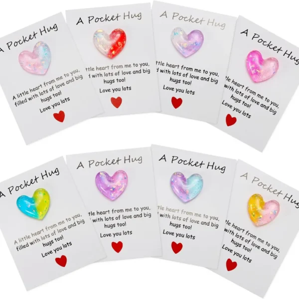 8 Pack Pocket Hug Heart with Greeting Card, Pocket Hug Token Love Cards Cute A Little Resin Heart Shape Bulk for Friends Long Di