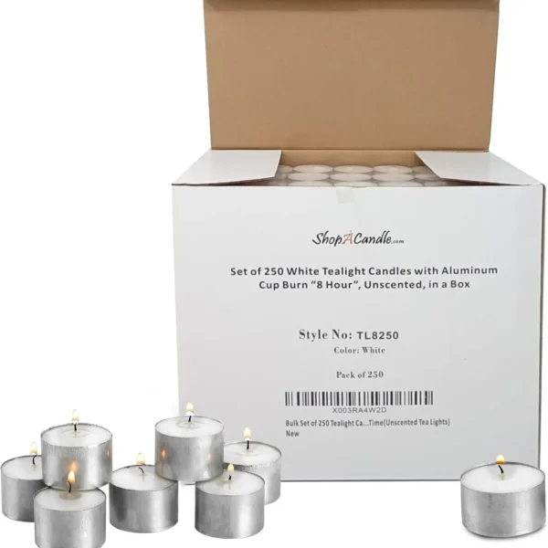 250 White Tea Light Candles in Metal Cups - 8 Hours Clean Burning, Unscented for Romantic Dinners & Weddings