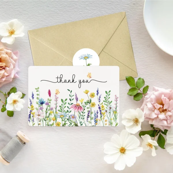 Lavender Daisy Spring Floral Thank You Cards with Envelopes & Stickers, Rounded Corner Foldable Blank Note Card Set for Gifts