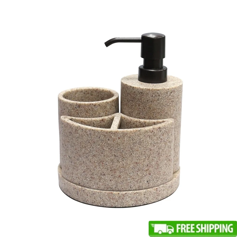 kf-S898d6ceb7adb4d95a27fc43e7ccaeaeaO 3 Piece Sandstone Bath Accessory Set Soap Pump Toothbrush Holder Tumbler Durable Resin Bathroom Organizer Essential Home Decor - Image 1