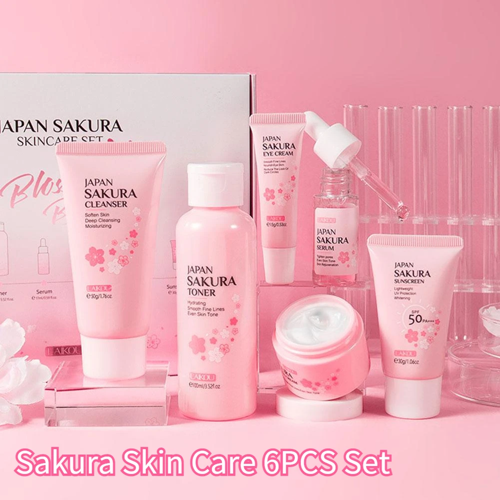 kf-S8abd1766b97b4d41b0f49c3ba1e33f56E 6pcs/Set Sakura Skin Care Sets Face Cream Serum Toner Facial Cleanser Sunscreen Eye Cream Face Skin Care Set Product Gift box - Image 1
