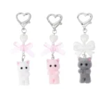 Cute Cartoon Flocking Cat Keychain Y2K Heart Bow Shaped Key Ring For Women Girls Handbag Backpack Pendant Decoration Gift - Image 5