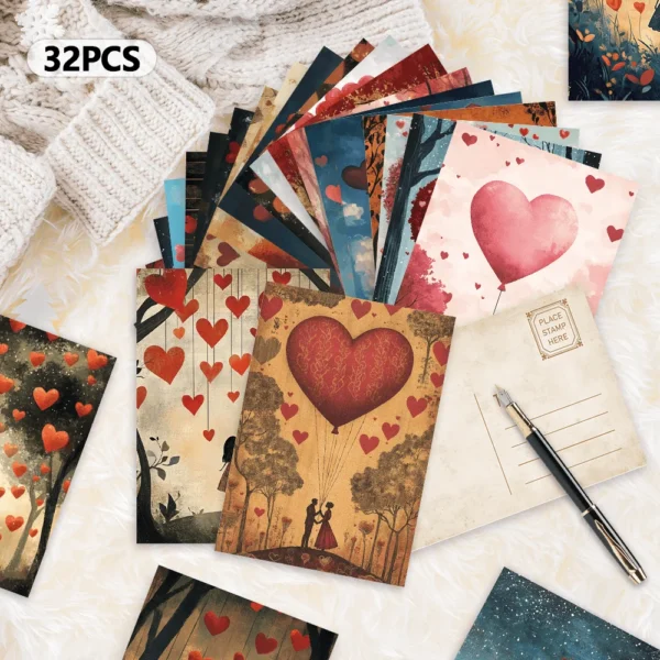 32pcs Valentine's Day Postcards, Romantic Love Theme, Indoor Bedroom Decor,Wall Stickers, Message Cards, Greeting Cards, Poster