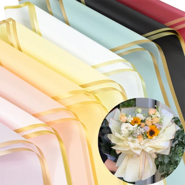 5pcs Golden Border Flower Wrapping Paper Half Transparent Gift Packing Florist Bouquet Wrapping Paper for Wedding Birthday Party