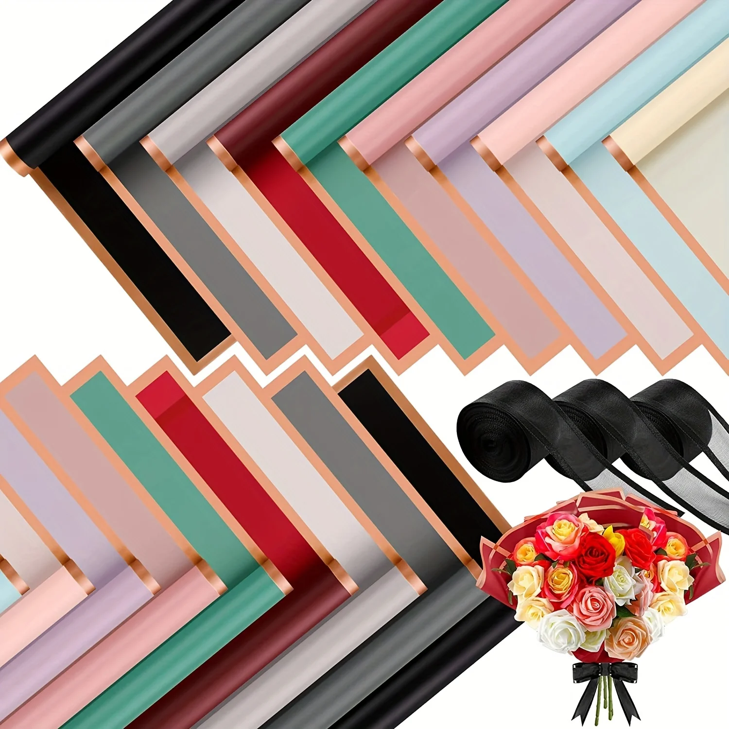 kf-Sc64fa80cd20440298dc7ea11265ea960v 60 PCS Solid Color Border Flower Wrapping Paper, Waterproof Translucent Bouquet Wrapping Paper, Wedding Handmade Gift Bouquet - Image 1