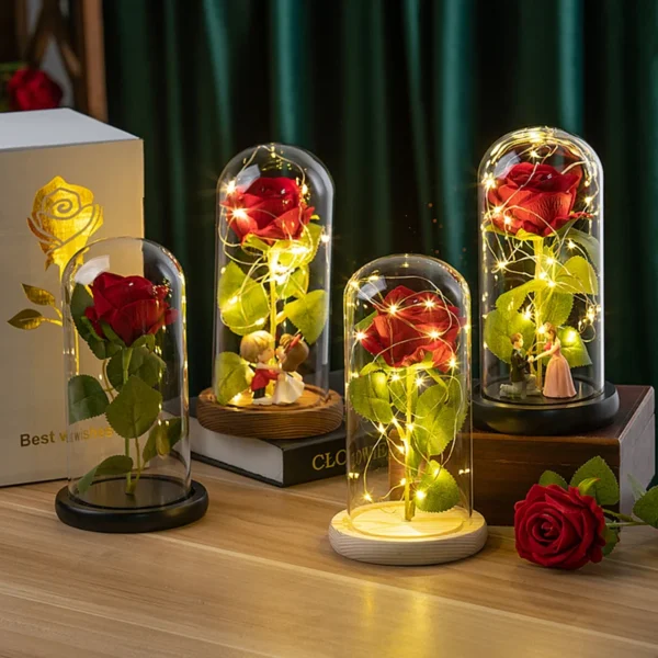 Eternal Red Rose Artificial Flowers with LED Light Creative Valentine's Day Gift Rose in Glass Cover Simulation Rose Flower