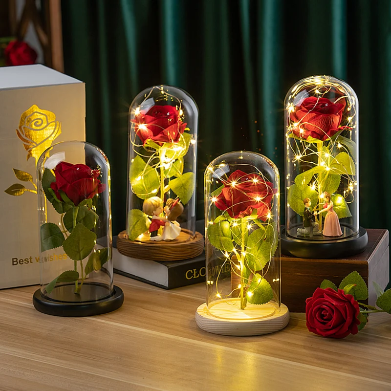 kf-Sd191b70644ef4748b06c7456846b3d1fh Eternal Red Rose Artificial Flowers with LED Light Creative Valentine's Day Gift Rose in Glass Cover Simulation Rose Flower - Image 1