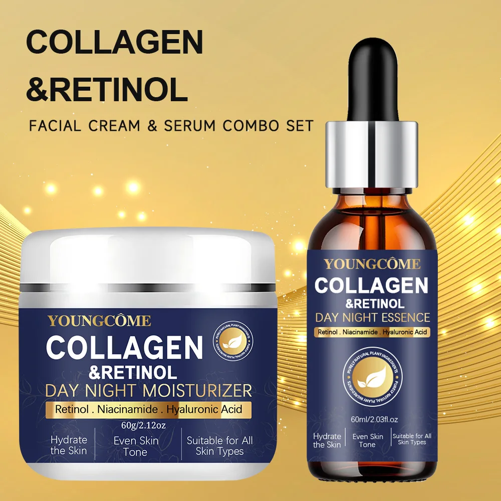 kf-Sda82fe366ec44945b5641b64e8f8fadbf Collagen Retinol + Stem Cell Day Night Moisturizer & Serum Set - Hydrating Firming Skin Care with Niacinamide Hyaluronic Acid - Image 1