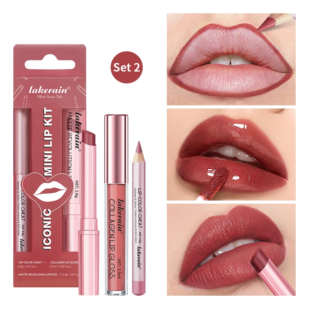 kf-Se081b75a44434e0281f799a193abe1100 Lipliner&Lipstick Lip Gloss Set 3pcs/set Waterproof Long Lasting Lip Makeup Matte Travel Mini Set Women's Makeup Cosmetics - Image 1