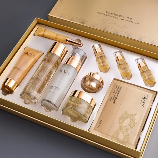 Oupe Time Peptide Gold Noblewoman Ten-Piece Set Hydrating and Moisturizing Skincare Kit Nourishing and Repairing Cosmetics Brightens Skin Tone Nourishes Skin Unisex Suitable for Sensitive Skin Deep Hydration Gift Box Essential for Autumn and Winter Facial Care Set Moisturizing and Nourishing Skincare