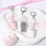 Cute Cartoon Flocking Cat Keychain Y2K Heart Bow Shaped Key Ring For Women Girls Handbag Backpack Pendant Decoration Gift - Image 2