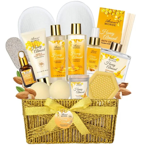 Luxury Honey Almond Spa Gift Set, 15-Piece Bath & Body Kit for Women & Teens, Relaxing Home Spa Experience