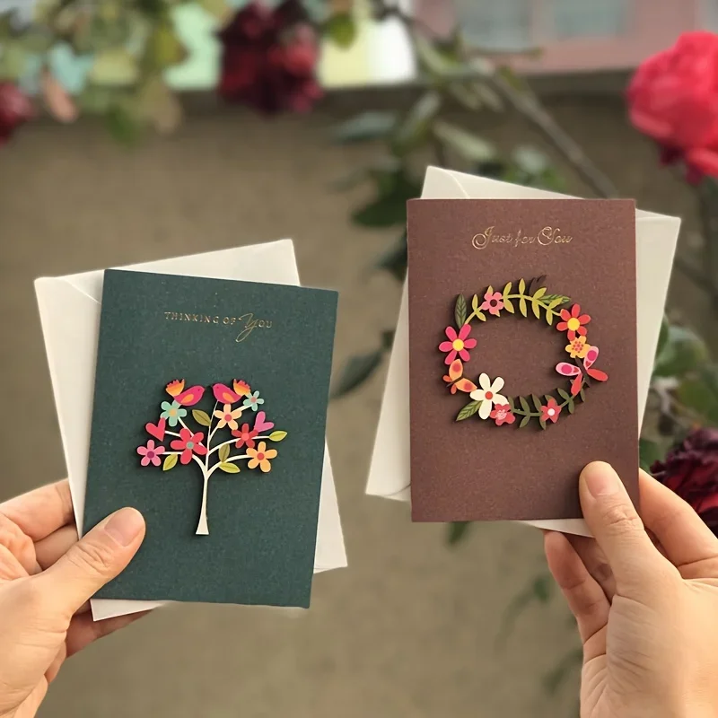 kf-Sff93090bf363489c8d18900e53327b2af Set, Universal Card Retro Wood Carving Patch Mini Blessing Greeting Card Sending Paper Envelope Business Greeting Card Birthday - Image 1