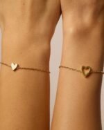 PAVOI 14K Gold Plated Matching Heart Charms Solitaire Bracelet Set for Women | Adjustable Valentines Day Love Friendship Two Bracelet Pack