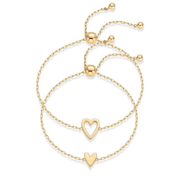 PAVOI 14K Gold Plated Matching Heart Charms Solitaire Bracelet Set for Women | Adjustable Valentines Day Love Friendship Two Bracelet Pack