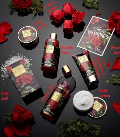 Valentine's Day Gift Basket for Her - Exotic Rose & Spa Bath & Body Set for Women, Anniversary & Birthday Gift with Body Scrub, Bubble Bath, Lotion & More