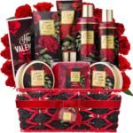 Valentine's Day Gift Basket for Her - Exotic Rose & Spa Bath & Body Set for Women, Anniversary & Birthday Gift with Body Scrub, Bubble Bath, Lotion & More