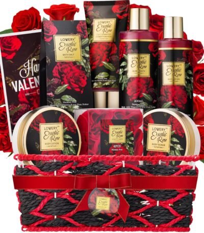 Valentine's Day Gift Basket for Her - Exotic Rose & Spa Bath & Body Set for Women, Anniversary & Birthday Gift with Body Scrub, Bubble Bath, Lotion & More