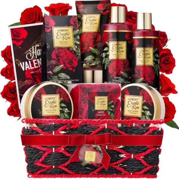 Valentine's Day Gift Basket for Her - Exotic Rose & Spa Bath & Body Set for Women, Anniversary & Birthday Gift with Body Scrub, Bubble Bath, Lotion & More
