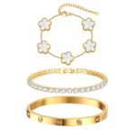 Womens Stackable Floral Gold Bracelets - 3Pcs 18K Gold Plated Bracelet,Stainless Steel Bangle Bracelets Non Tarnish, Gold Bracelet Set Trendy Jewelry,Christmas Valentines...