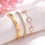 Womens Stackable Floral Gold Bracelets - 3Pcs 18K Gold Plated Bracelet,Stainless Steel Bangle Bracelets Non Tarnish, Gold Bracelet Set Trendy Jewelry,Christmas Valentines...