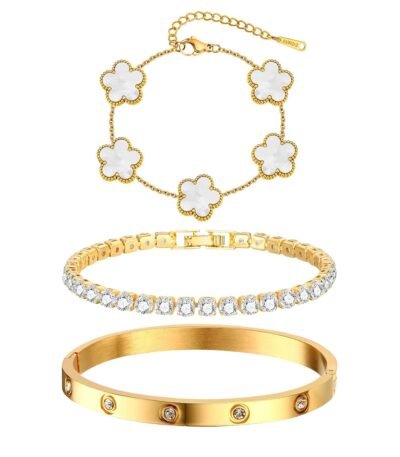 Womens Stackable Floral Gold Bracelets - 3Pcs 18K Gold Plated Bracelet,Stainless Steel Bangle Bracelets Non Tarnish, Gold Bracelet Set Trendy Jewelry,Christmas Valentines...