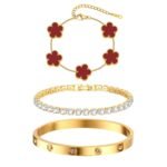 Womens Stackable Floral Gold Bracelets - 3Pcs 18K Gold Plated Bracelet,Stainless Steel Bangle Bracelets Non Tarnish, Gold Bracelet Set Trendy Jewelry,Christmas Valentines...