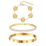 Womens Stackable Floral Gold Bracelets - 3Pcs 18K Gold Plated Bracelet,Stainless Steel Bangle Bracelets Non Tarnish, Gold Bracelet Set Trendy Jewelry,Christmas Valentines...