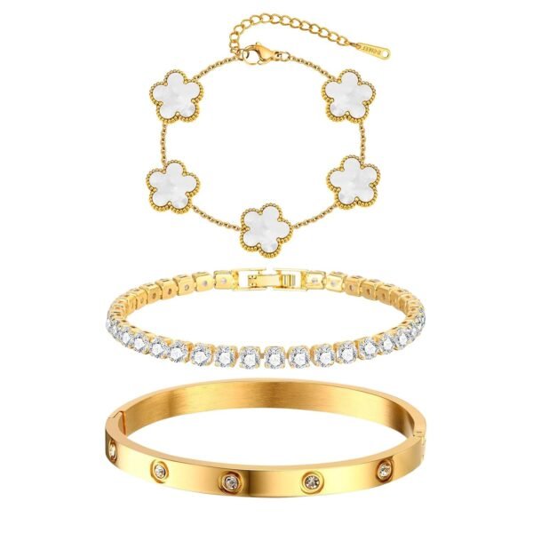 Womens Stackable Floral Gold Bracelets - 3Pcs 18K Gold Plated Bracelet,Stainless Steel Bangle Bracelets Non Tarnish, Gold Bracelet Set Trendy Jewelry,Christmas Valentines...