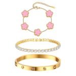 Womens Stackable Floral Gold Bracelets - 3Pcs 18K Gold Plated Bracelet,Stainless Steel Bangle Bracelets Non Tarnish, Gold Bracelet Set Trendy Jewelry,Christmas Valentines...