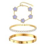 Womens Stackable Floral Gold Bracelets - 3Pcs 18K Gold Plated Bracelet,Stainless Steel Bangle Bracelets Non Tarnish, Gold Bracelet Set Trendy Jewelry,Christmas Valentines...