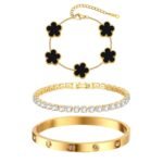 Womens Stackable Floral Gold Bracelets - 3Pcs 18K Gold Plated Bracelet,Stainless Steel Bangle Bracelets Non Tarnish, Gold Bracelet Set Trendy Jewelry,Christmas Valentines...