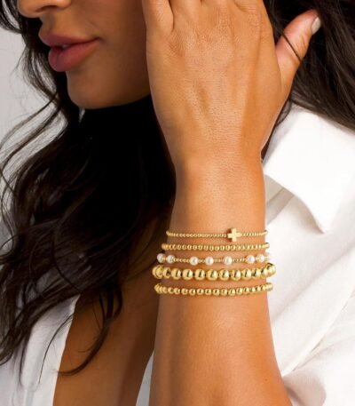 Yoosteel Valentines Day Gifts for Her Kids Teen Girl - 14K Gold Plated Dainty Round Beaded Ball Pearl Cross Bracelet Stack Set for Women Trendy Non Tarnish Teenage Girls...
