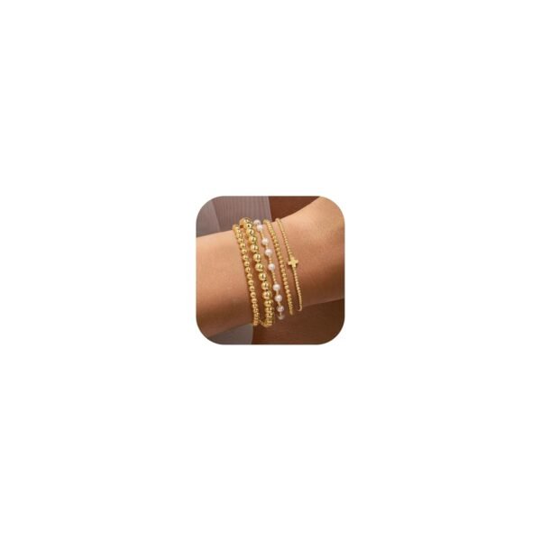 Yoosteel Valentines Day Gifts for Her Kids Teen Girl - 14K Gold Plated Dainty Round Beaded Ball Pearl Cross Bracelet Stack Set for Women Trendy Non Tarnish Teenage Girls...